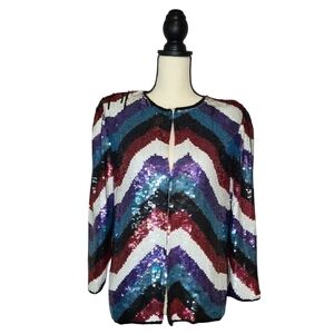 Vintage Evening Jacket Sequined Multicolor Chevron Pattern Silk Size M